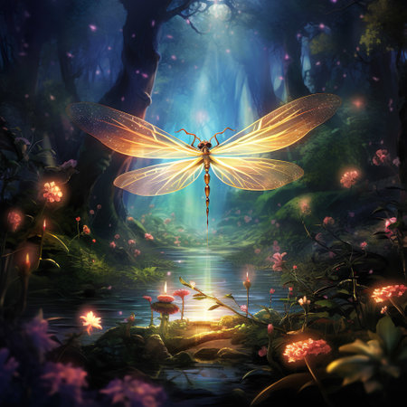 dragonfly in a magical forest, lush. Centered, album art, Generative AIの素材