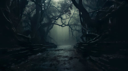dark scary forest scene, subtle cult-like, fog, with partially hidden wendigos, Generative AIの素材