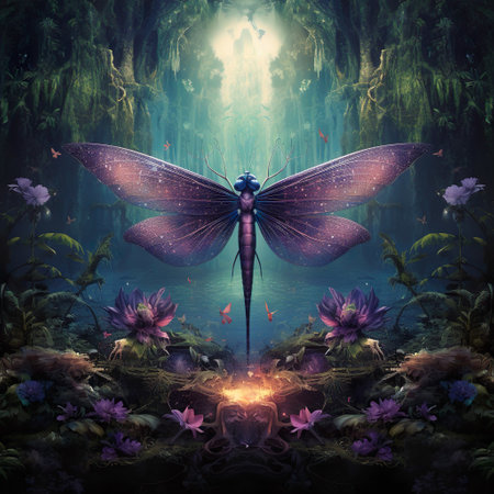 dragonfly in a magical forest, lush. Centered, album art, Generative AIの素材