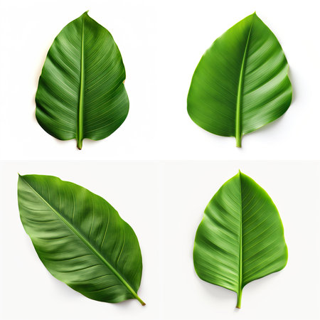 top down view of banana leaf laid horizontally, white background, Generative AIの素材