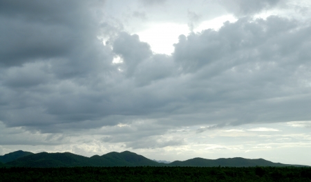 landscape of dark clouds above a mountains 