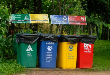 colorful bins in the park の写真素材