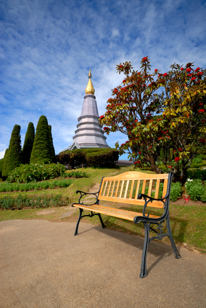 bench at pagoda ,Doi Inthanon, Chiang mai, Thailandの写真素材