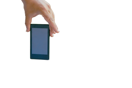 Smart phone in hand isolated on white background.の写真素材