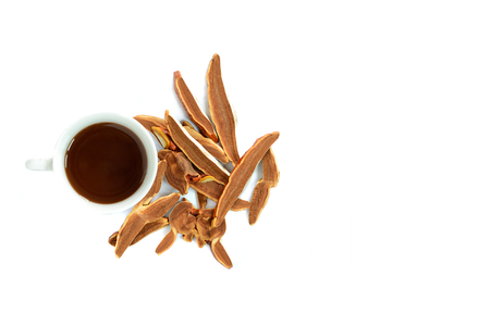 Cup of reishi tea and dried Lingzhi mushroom on white background. (Ganoderma Lucidum). Chinese traditional medicine and nutritive value.の写真素材