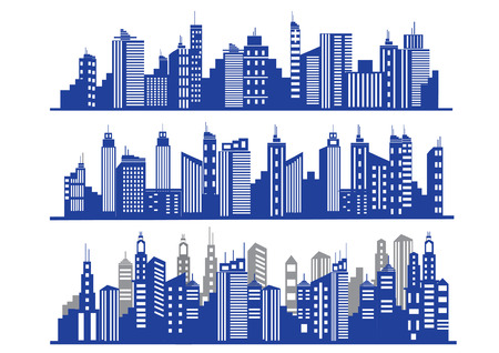 Set of vector blue cities silhouetteのイラスト素材