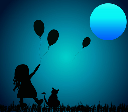 Vector horizontal illustration of girl with balloonのイラスト素材