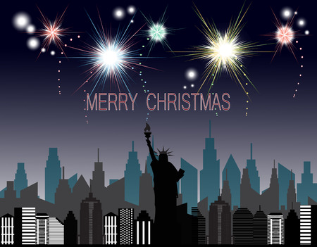 Merry christmas an happy new year card with fire work in cityのイラスト素材
