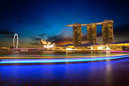August 22, 2015 Singapore Beautiful sunset at marina bay, with light ship Singaporeのeditorial素材