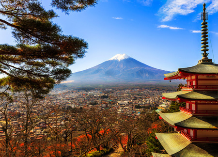 Mt fuji with red pagoda in autumn, Fujiyoshida Japanのeditorial素材