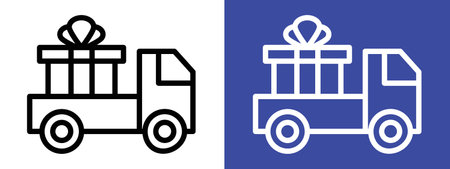 Truck carrying gift box icon logo sign vector outline in black and white colorのイラスト素材