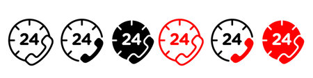 24 7 Emergency call services icon logo sign vector outline in black and white colorのイラスト素材