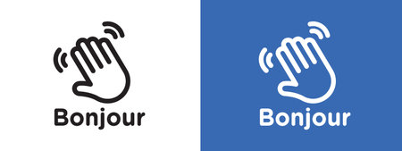 Bonjour text with hand wave icon logo sign vector outline in black and white colorのイラスト素材