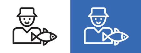 Fisherman with fish icon logo sign vector outline in black and white color