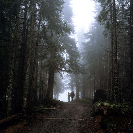 Man hiking and morning fog, Backpacker, Tourists go to the mountain with thick fog.の写真素材
