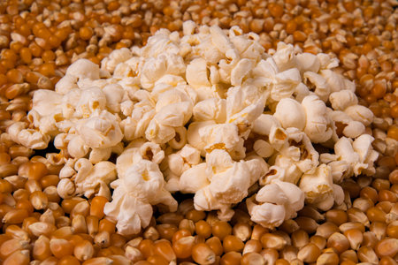 sweet popcorn on the background of corn kernelsの写真素材