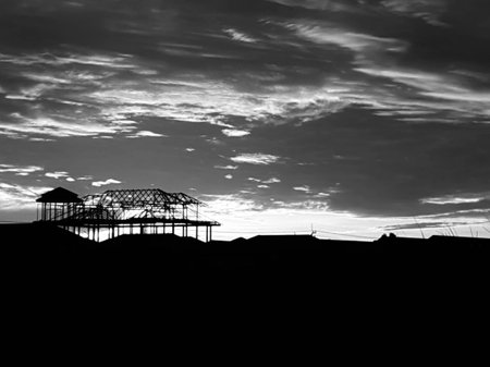 Black and white picture of Incomplete construction house in sunrise viewの写真素材