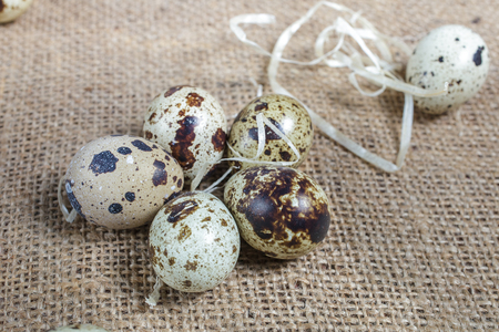 Quail eggs on of burlap cloth. On the table a rough cloth burlap and strawの写真素材