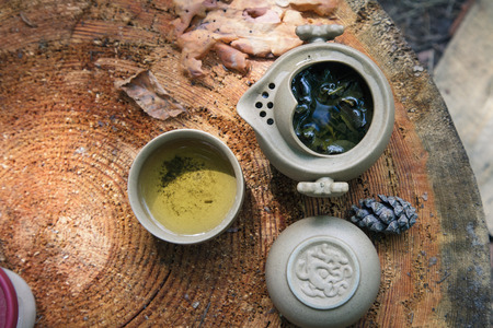 Tea set of Yixing clay. In the shade of the trees on a large stump.の写真素材