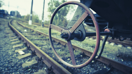 railway tracks with cars close-up. Photo stylized vintageの写真素材