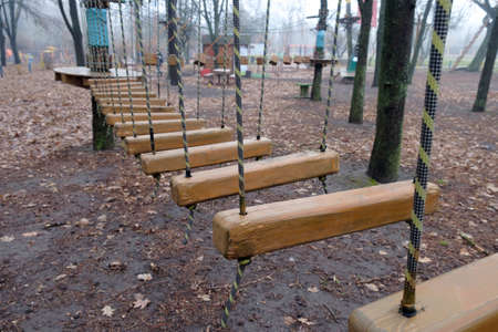 Rope park structures on trees. City park in Kyivの写真素材