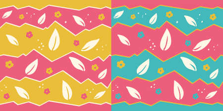 Color ornament hand drawing repeating elements. Leaves flowers and dots