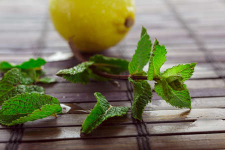 Lemon, leaves and sprigs of mint on a bamboo table close-upの写真素材