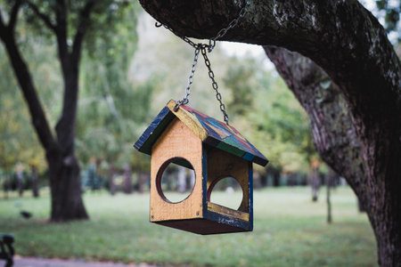 Bird feeder made of wood in a city park, painted in bright colors. autumn seasonの写真素材