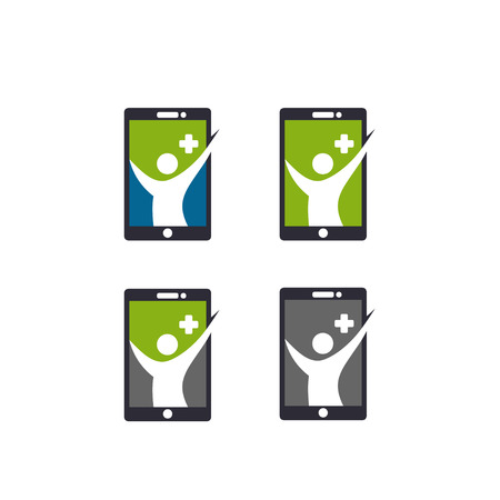 app health icon, health human figure on smartphone logo vector, online health app iconのイラスト素材