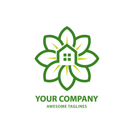 Creative real estate house icon logo with green leaf design. Real Estate Logo Design.のイラスト素材