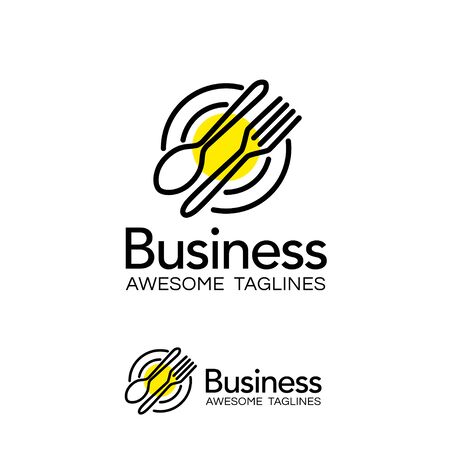 creative simple Restaurant or food logo with spoon, fork and plate linear art vectorのイラスト素材