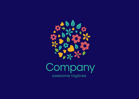 beautiful and colorful circle flower with blue background logo vector illustrations. round shape floral ornament graphic elementのイラスト素材