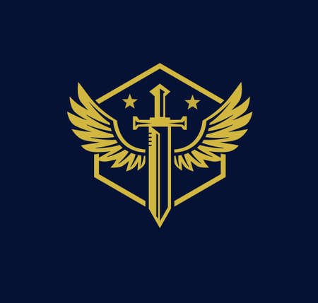 Vector illustration of sword created with bird wings, sword wing gold color, battle and security metaphor symbolのイラスト素材