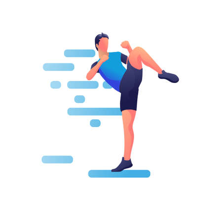 man kicking with the leg, fighting sport isolated on white background, Male kick boxer doing a side kick.のイラスト素材