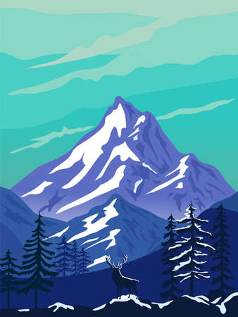 Wildlife vector illustration. Winter landscape with mountains, forest, hills and  deer Illustration in blue tones.のイラスト素材