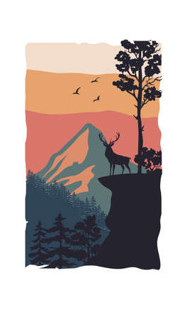 wildlife elk in forest with mountain landscape vector illustration, wildlife adventure elk in the wildernessのイラスト素材