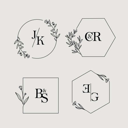 simple Floral frame with initial letter, Flower decoration for greeting card or wedding monogram colorのイラスト素材