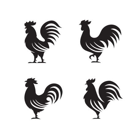 Rooster silhouette vector collection on white background. Chicken cock silhouette,vector images isolated on white background, poultry chickens roosters,flat vector Farm Animal illustrationのイラスト素材