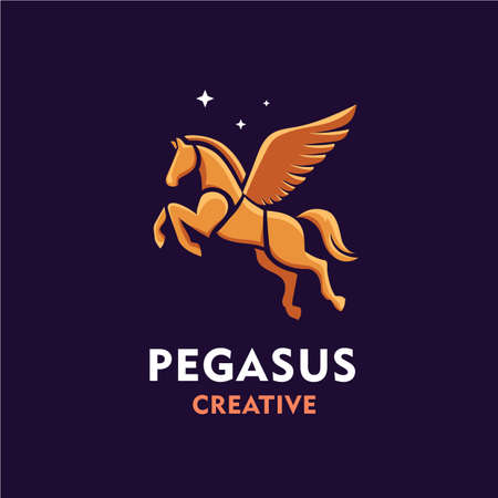 Pegasus logo with golden color vector, Standing Gold Horse Logo Vectorのイラスト素材