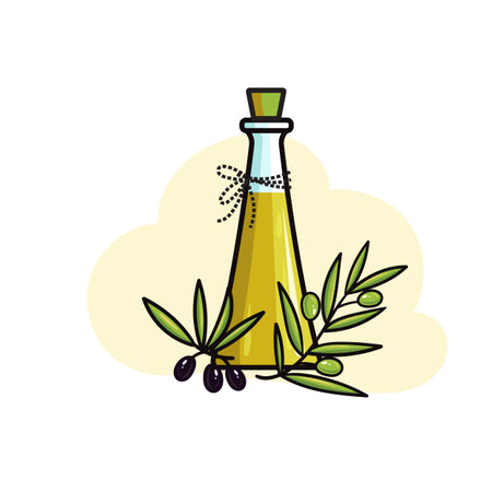 glass bottle of olive oil and olives with leaves. illustration in flat design Raster version.のイラスト素材