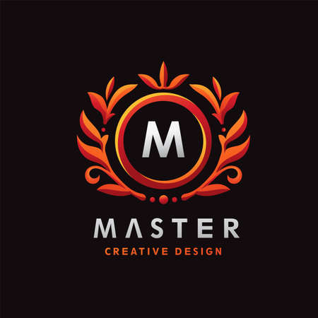 Golden Luxury H Initial Letter Logo Design Template with circle frame and Floral Vintage Ornamentのイラスト素材