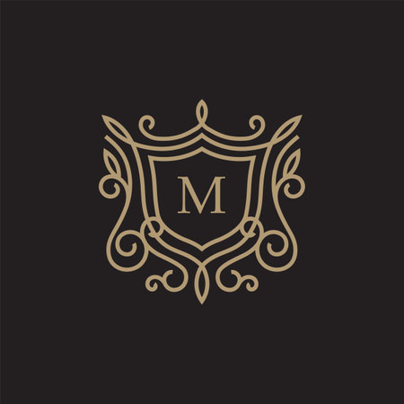 Premium linear shield monogram letter M logotype. Elegant crest leaf stamp icon vector logo. Luxury alphabet frame symbol.のイラスト素材