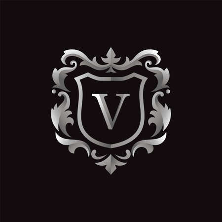silver or gray with badge initial letter v logo luxury calligraphic vector imageのイラスト素材