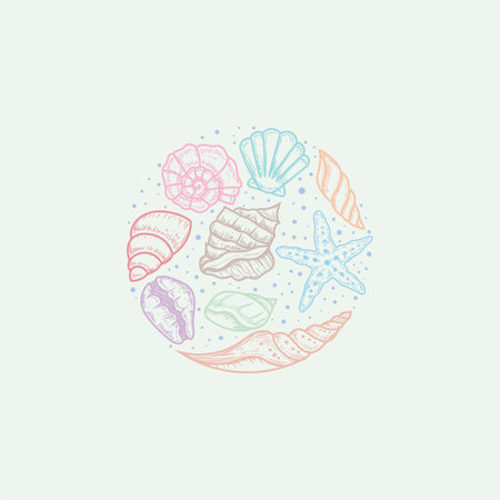 hand drawn Circle frame of seashells vector illustration, sea shell vector illustration concept setのイラスト素材