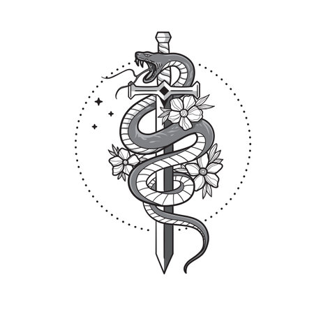 hand drawn snake, sword and flower vector illustration designのイラスト素材