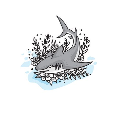 shark and flower Hand drawn vector illustrationのイラスト素材