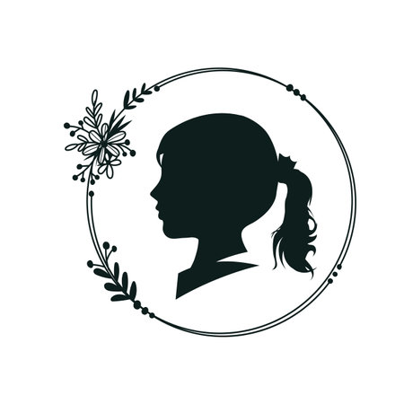 silhouette beautiful teen girl with circle Floral frames and borders vector illustration,のイラスト素材