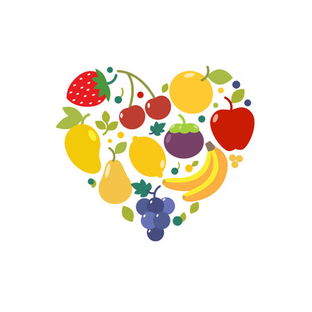 Various summer fruits are laid out in the shape of a heart vectorのイラスト素材