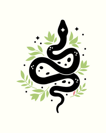 Mystical black snake silhouette with Floral minimalist element. Magic spiritual snake symbolのイラスト素材