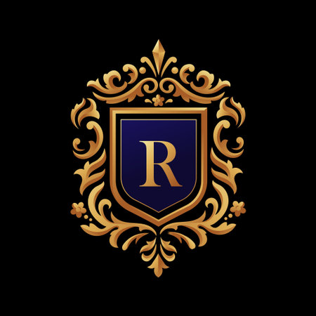 Letter R inside a shield frame with vintage ornament in golden color and black backgroundのイラスト素材